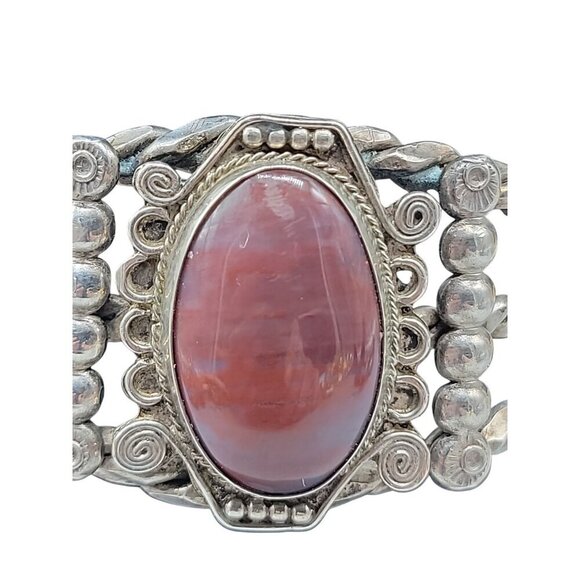 Agate Sterling Silver Open Cuff Bracelet Red Cabachon Detailed 925 Design SZ 6 - Picture 4 of 16
